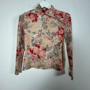 Vintage Kay Celine Sheer Floral Dragon Print Long Sleeve Mesh Top Small Beige